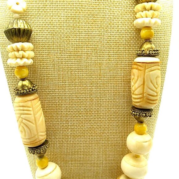 Artisan 4" MOP Shell Brass & Faux Bone Statement Necklace - Picture 9 of 15